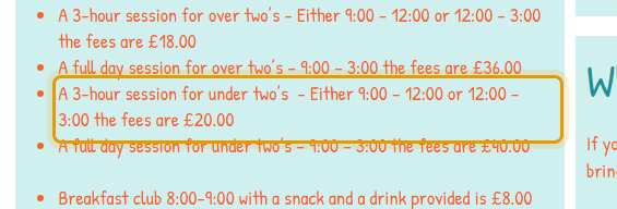 The fees as published on piedpiper-preschool.co.uk/admissions