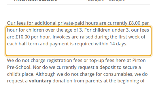 The fees as published on pirtonpreschool.co.uk/admissions