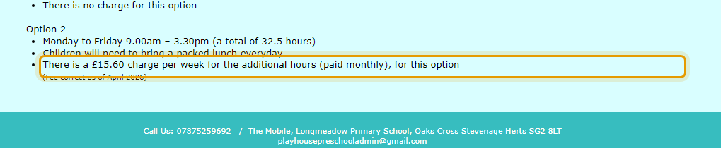 The fees as published on playhousepreschoolbroadwater.com/funding