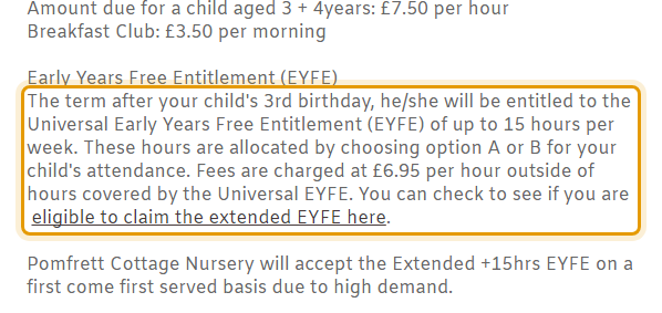 The fees as published on pomfrettcottagenursery.co.uk/attendance-uniform-fees