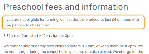The fees as published on quorn-preschool.co.uk/term-dates-pricing
