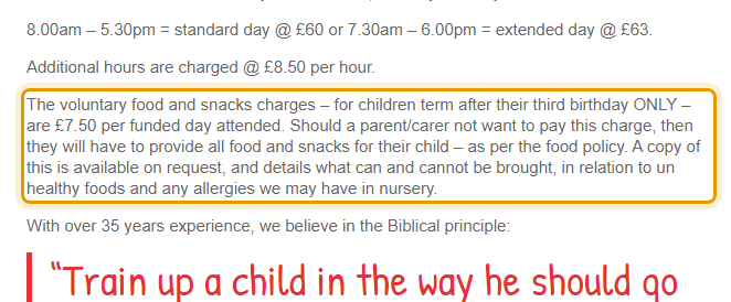 The fees as published on rainbowchildcare.co.uk/about-us