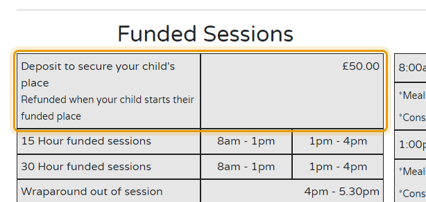 The fees as published on rainbow-daycare.co.uk/sessions&fees.php