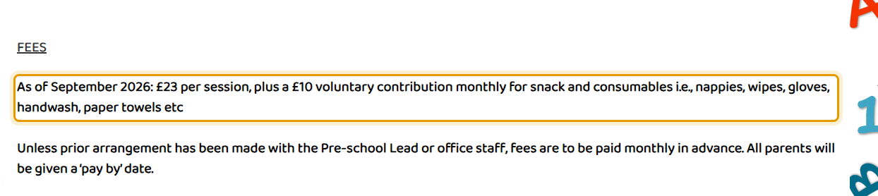 The fees as published on rainbowpre-school.com/Pay-for-Session