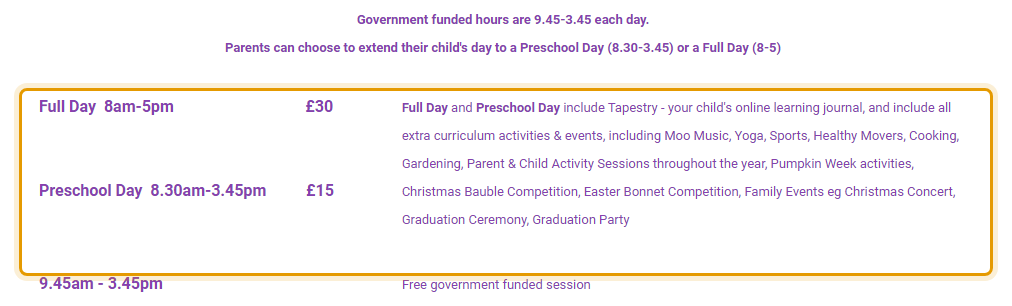 The fees as published on rainbowsendmontessori.co.uk/sessions--funding.html