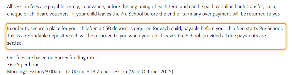 The fees as published on redhillbaptistchurchpreschool.org/session-fees
