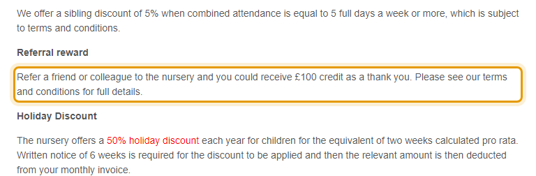 The fees as published on redhilldaynursery.com/sessions-fees