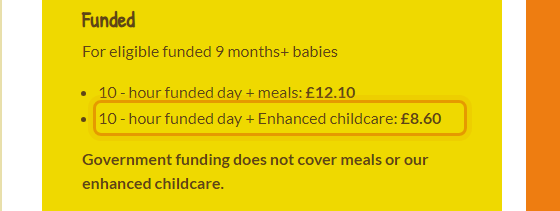 The fees as published on robinschildcare.co.uk/baby-bears