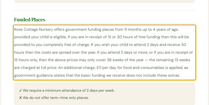 The fees as published on rosecottagedaynursery.co.uk/fee-information.html