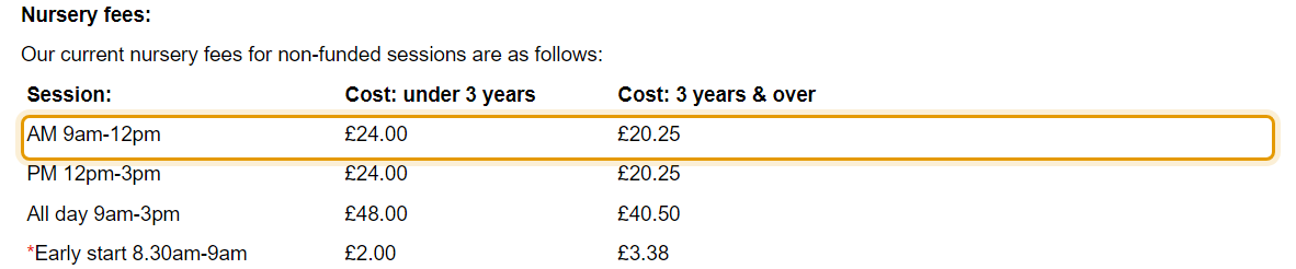 The fees as published on samuelsnursery.co.uk/fees-and-funding/fees