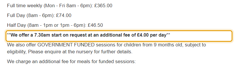 The fees as published on secret-garden-childcare.co.uk/our-fees