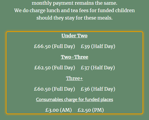 The fees as published on secretgardendarlington.co.uk/fees