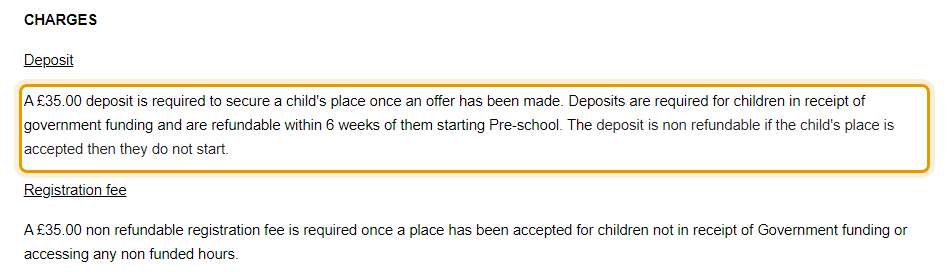The fees as published on shp-preschool.co.uk/fees-charges