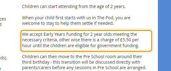 The fees as published on southcerneyplaygroup.com/sessions-2