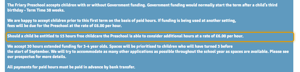 The fees as published on friarypreschool.co.uk/fees-funding