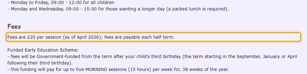 The fees as published on stbarnabaspreschool.org.uk