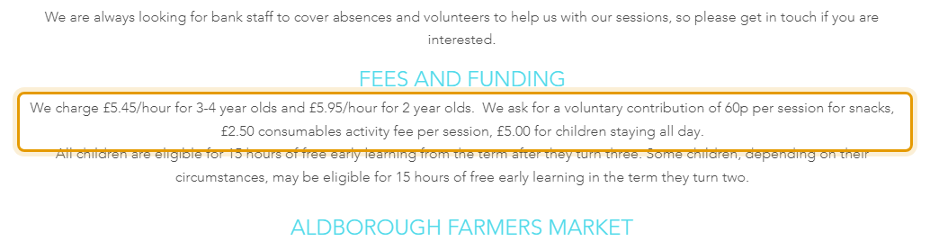 The fees as published on steppingstonesaldborough.co.uk