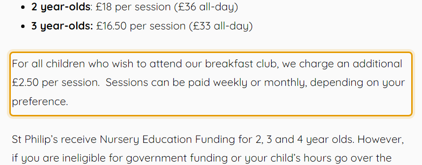 The fees as published on stphilipspreschool.co.uk/fees-funding
