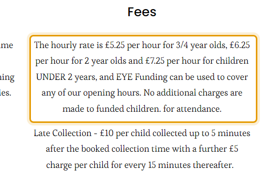 The fees as published on sunshinepreschoolgg.com/session-times-and-fees