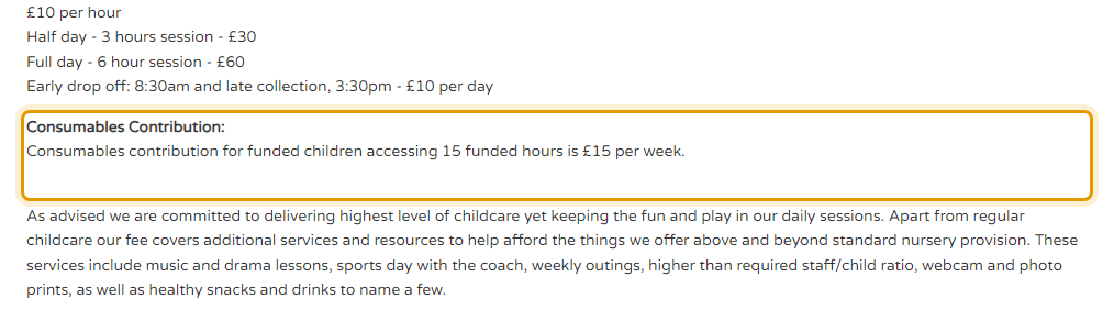 The fees as published on teensywonders.co.uk
