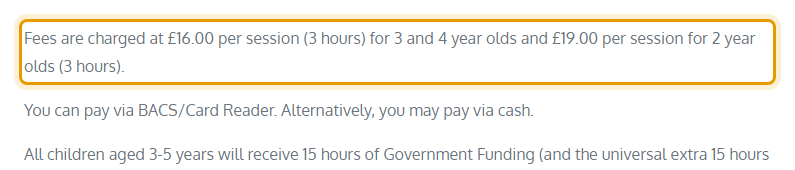 The fees as published on theavenuepreschool.org/fees-funding