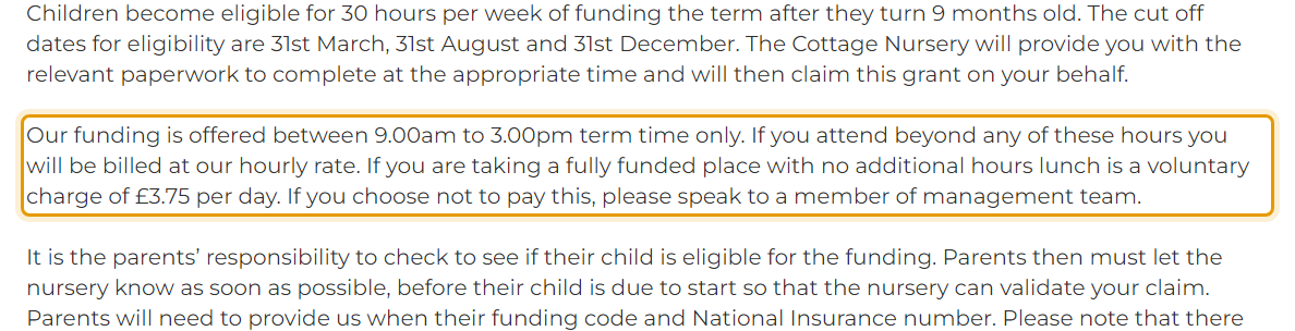 The fees as published on thecottagenursery.co.uk/fees-funding