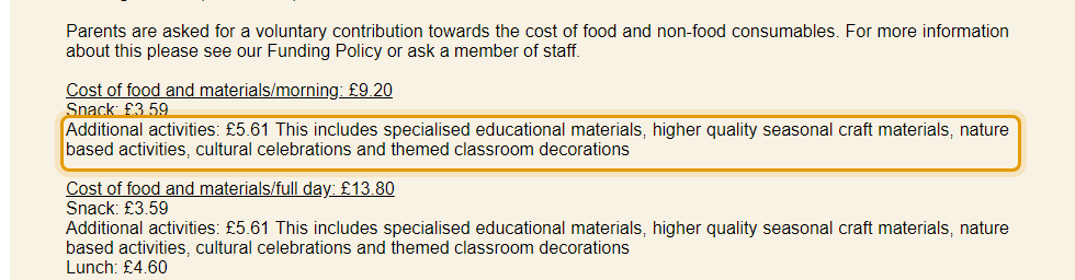 The fees as published on thelindens.uk/fees/downstairs-kindergarten-fees