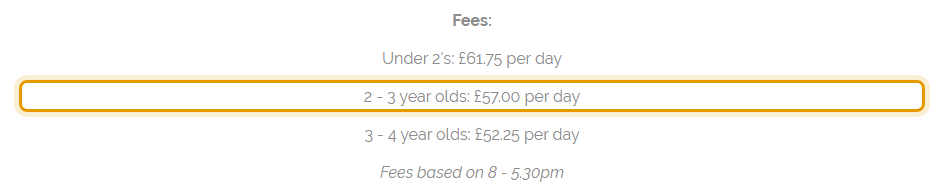 The fees as published on theorchardnursery.co.uk
