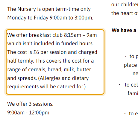 The fees as published on therainbownursery.org/about-us