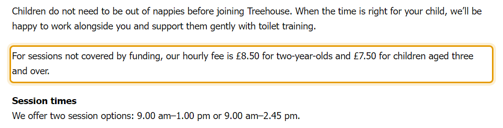 The fees as published on thetreehousethame.co.uk/sessions-and-fees