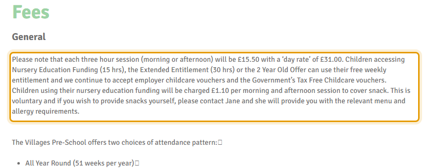 The fees as published on thevillagespreschool.co.uk/fees