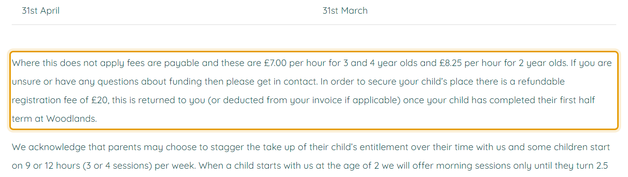 The fees as published on thewoodlandpreschool.co.uk/admissions