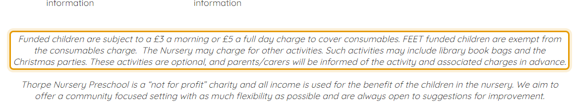 The fees as published on thorpenurserypreschool.co.uk/newpage