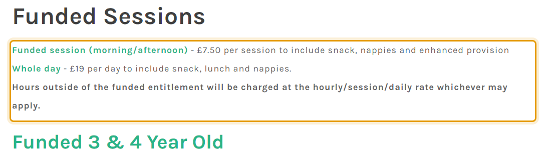 The fees as published on ticktocksdaynursery.co.uk/about-us.html