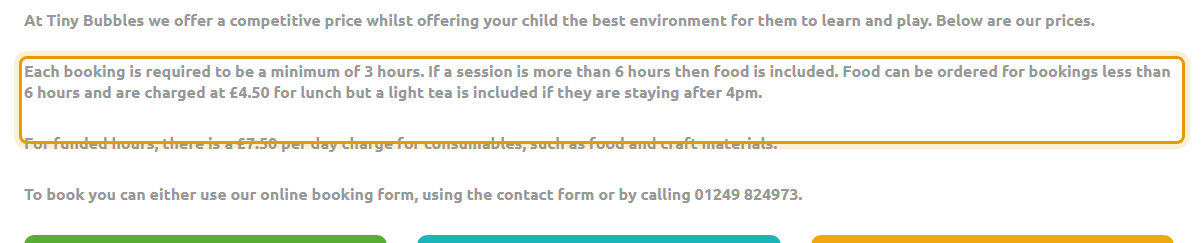 The fees as published on tinybubblesnursery.co.uk/prices