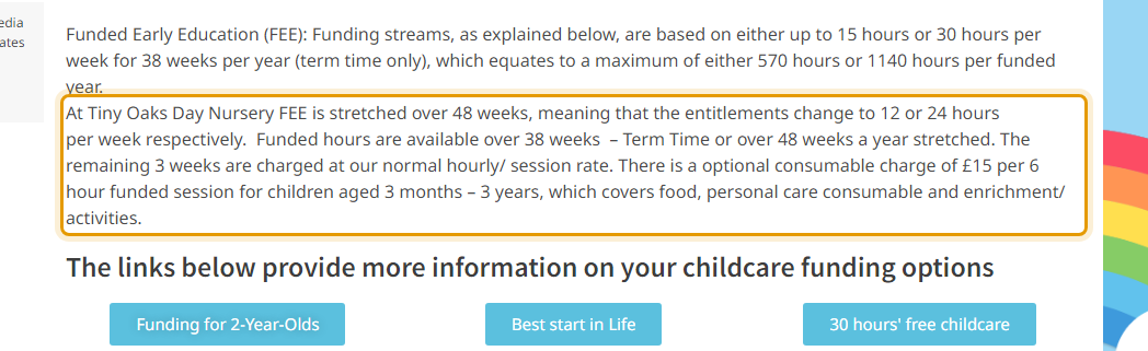 The fees as published on tinyoaksdaynursery.co.uk/sessions-fees