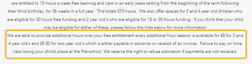 The fees as published on tinystepspre-school.com/about-us