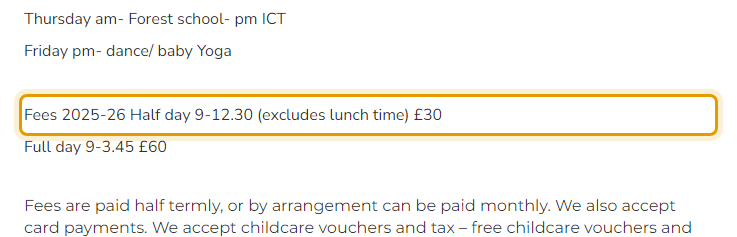 The fees as published on townsendnursery.co.uk