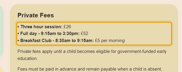 The fees as published on visitationpreschool.co.uk/fundingandfees