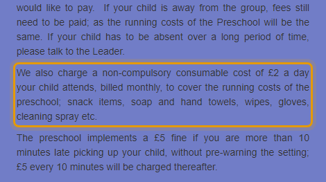 The fees as published on warmleypreschool.co.uk