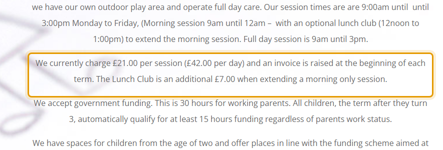 The fees as published on harroldpreschool.co.uk/about-us
