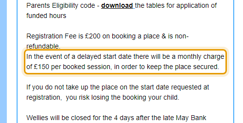 The fees as published on welliesdaynursery.co.uk/contact-wellies-fees