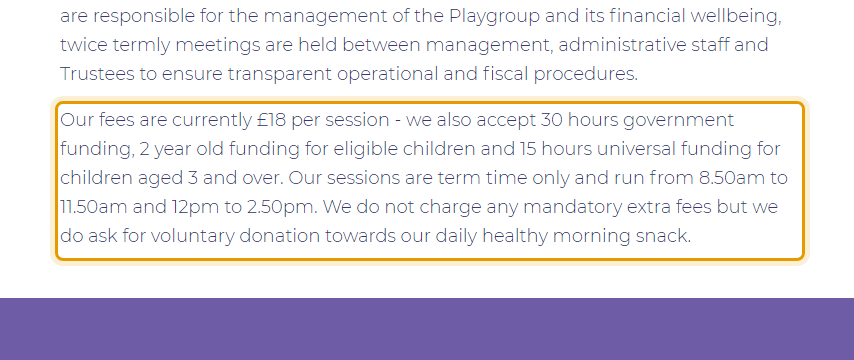 The fees as published on williamolderplaygroup.org.uk/4/About-Us