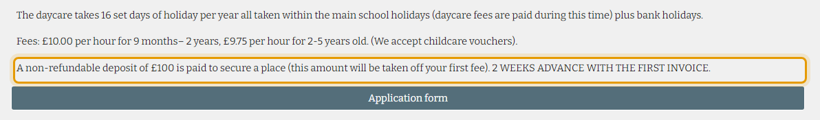 The fees as published on williampattendaycare.info/fees-and-pricing