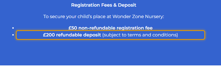 The fees as published on wonderzonenursery.com/fees_funding