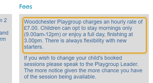 The fees as published on woodchesterplaygroup.co.uk/sessions