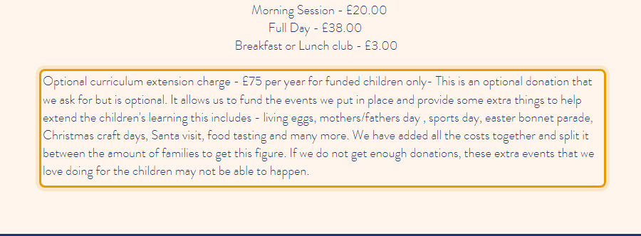 The fees as published on woolston-preschool.co.uk/about-us