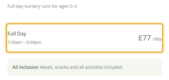 The fees as published on greenacreschildcare.co.uk/fees.html