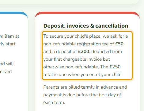 The fees as published on brightstartmontessori.co.uk