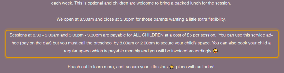 The fees as published on catshillrisingstarspreschool.com